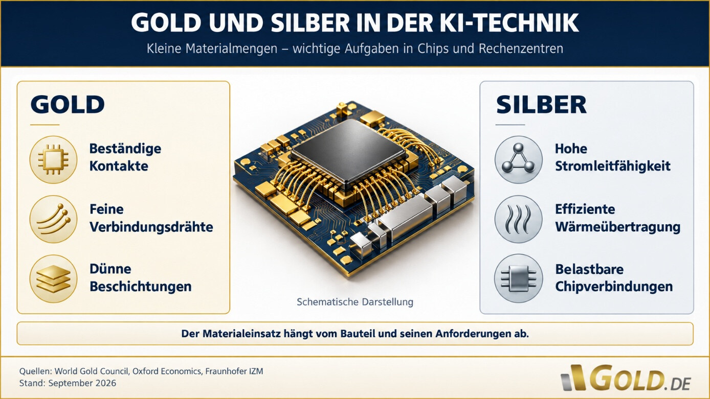 BildbescInfografik zu Gold und Silber in der KI-Technik mit einem zentralen Chip sowie Hinweisen zu Kontakten, Wärmeleitung und Chipverbindungenhreibung --> was es zu sehen gibt